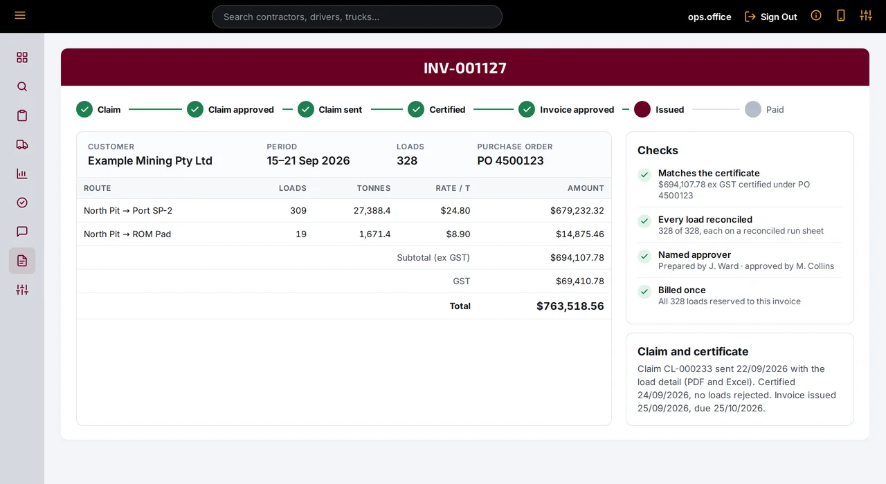 Customer tax invoice for Example Mining Pty Ltd, raised against a certified claim and purchase order, with route lines and totals