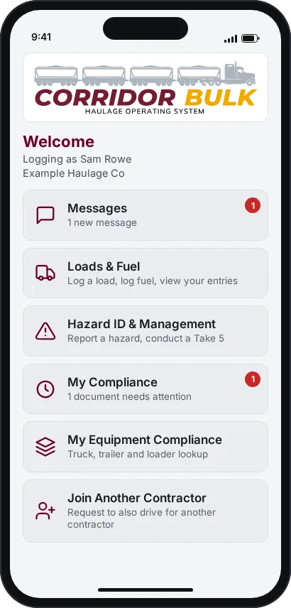 The Corridor Bulk driver app home screen on a phone