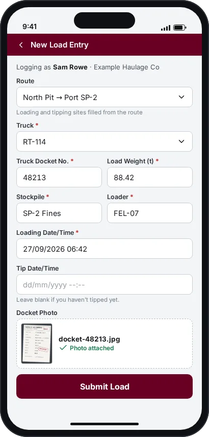 New load entry form with route, truck, docket number, weight and an attached docket photo