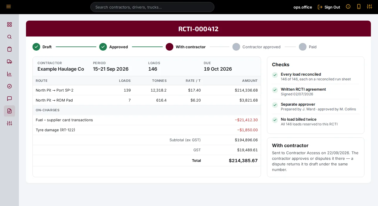 RCTI detail for Example Haulage Co with route lines, on-charges, totals and a status bar from draft to paid